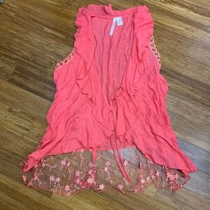 Forgotten Grace Coral Pink Lace Floral Trim Ruffle Vest Plus Size 3X Boho Sheer